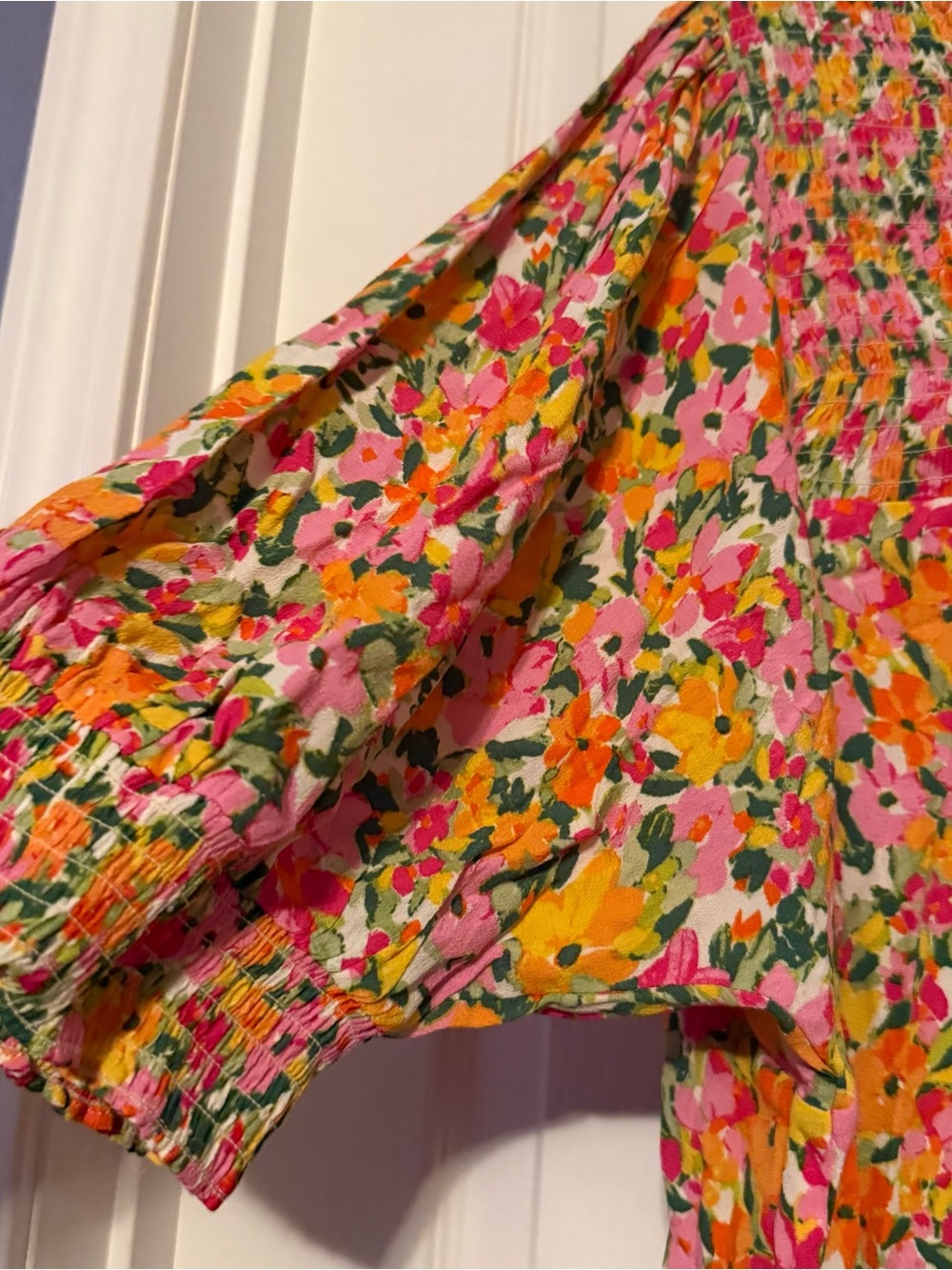 Terra & Sky Floral Smocked Top in Pink, Orange & Green - Picture 8 of 14